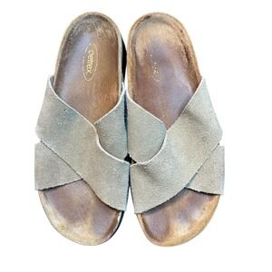 Aetrex Sandals Shoes Womens Size 7 Taupe Suede Cross Strap Slide Comfort Footbed